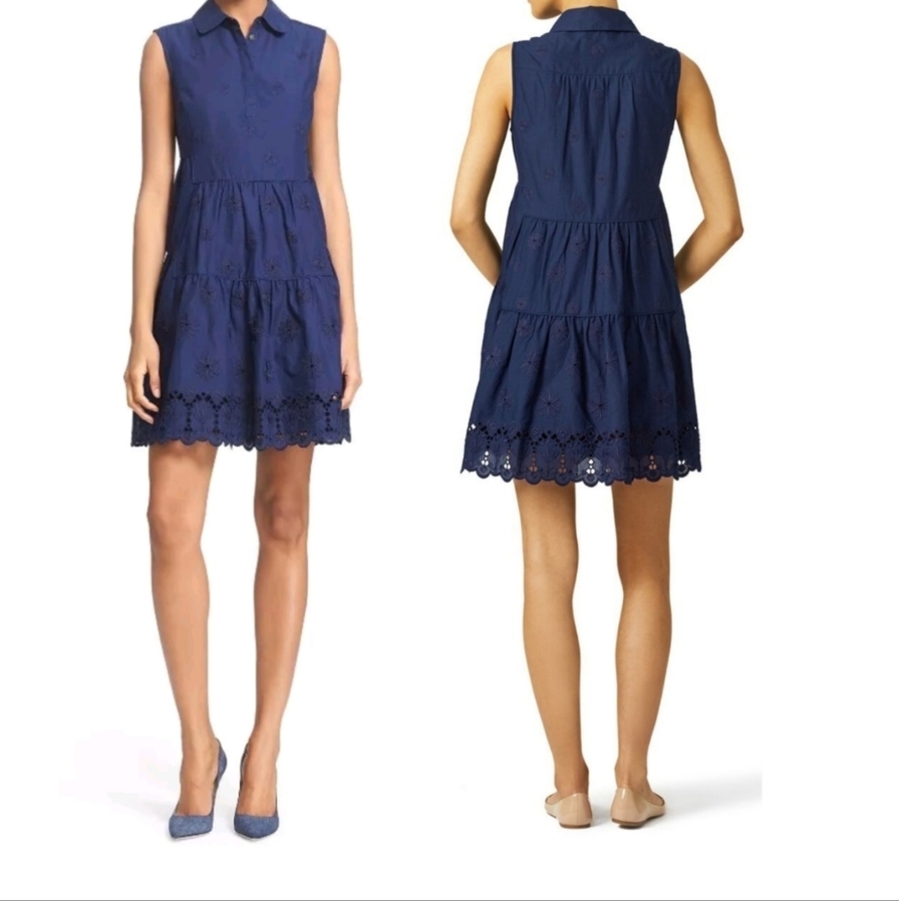 Diane Von Furstenberg Navy Eyelet Tiered Shirt Dress